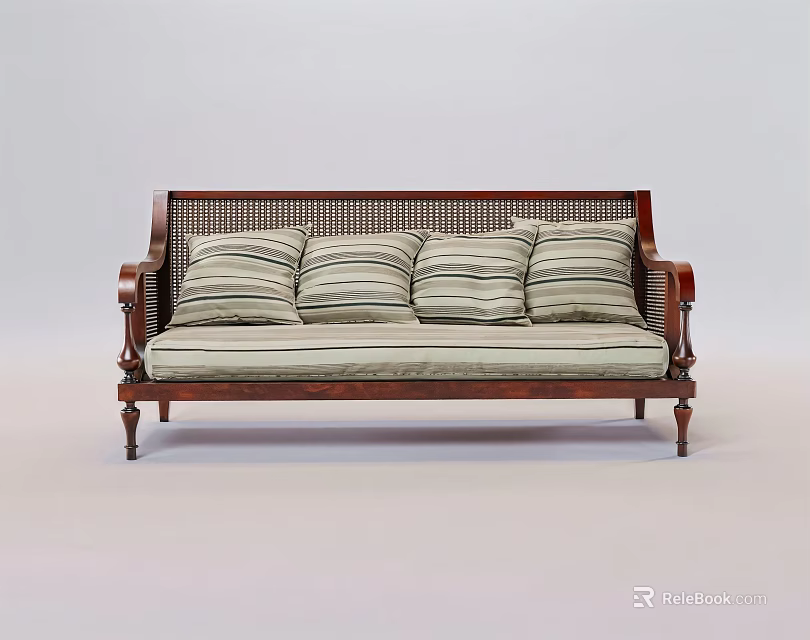 Classic Wooden Frame Sofa With Rattan Backrest Light Colored Seat And Striped Cushions 3d model 