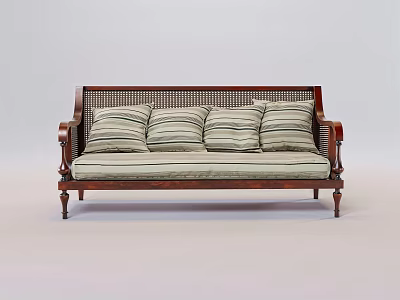 Classic Wooden Frame Sofa With Rattan Backrest Light Colored Seat And Striped Cushions 3d model