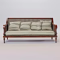 Classic Wooden Frame Sofa With Rattan Backrest Light Colored Seat And Striped Cushions