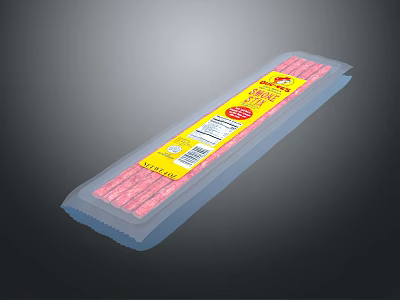 Transparent Plastic Packaged Pink Strips With Yellow Label And Product Details 3d model