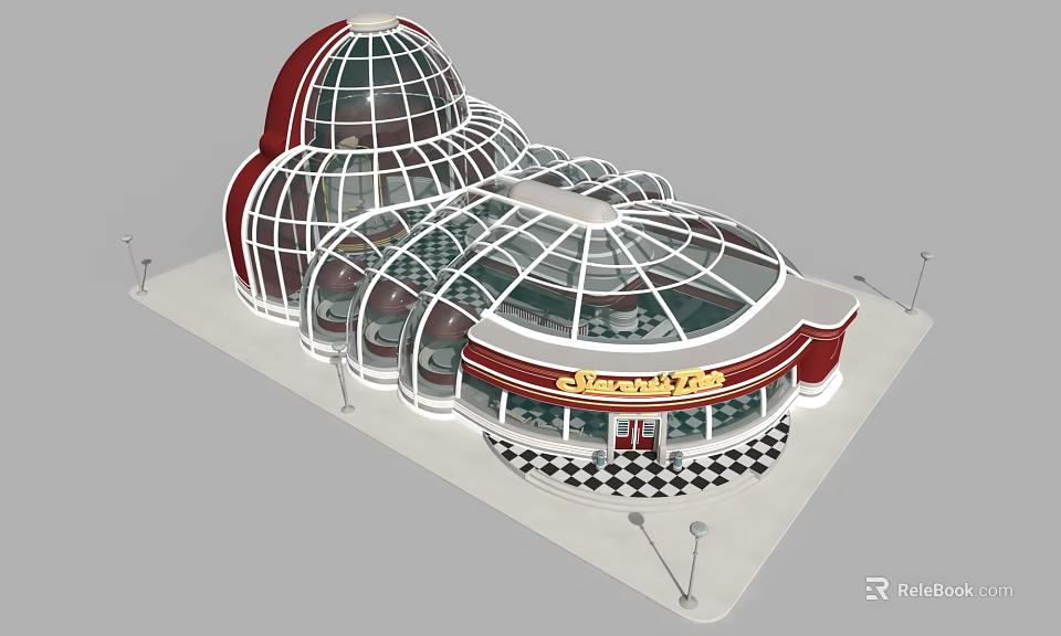 Cartoon Style Candy Shop Building With Glass Domes Red White Design And Checkerboard Floor 3d model 