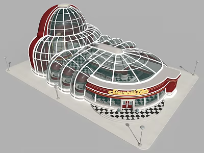 Cartoon Style Candy Shop Building With Glass Domes Red White Design And Checkerboard Floor 3d model