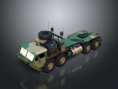 Camouflaged Military Tactical Transport Vehicle with Multiple Wheels Roof Antennas and Spare Tire 3d model