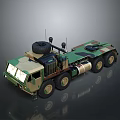 Camouflaged Military Tactical Transport Vehicle with Multiple Wheels Roof Antennas and Spare Tire