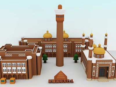 Cartoon Scenery of Brown Buildings with Golden Domes Tall Tower and Small Trees 3d model