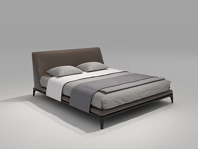 Modern Double Bed With Brown Headboard Gray And White Bedding Minimalist Design 3d model