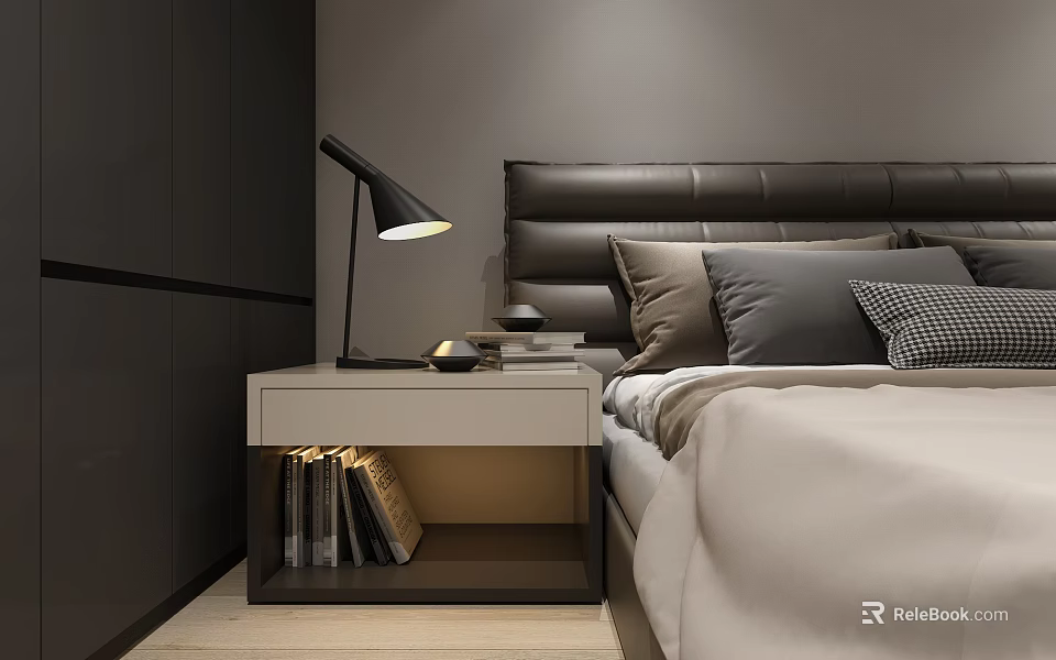 Modern Double Bed With Leather Headboard Bedside Table And Black Desk Lamp 3d model 