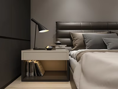Modern Double Bed With Leather Headboard Bedside Table And Black Desk Lamp 3d model