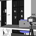 Modern Office Interior Design With Illuminated Black White Shelves Decorative Items Workspace And Tech Equipment