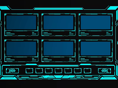 Futuristic Tech Wall Hanging With Six Blue Screens Two Rows Three Columns Bottom Ports Arrows 3d model