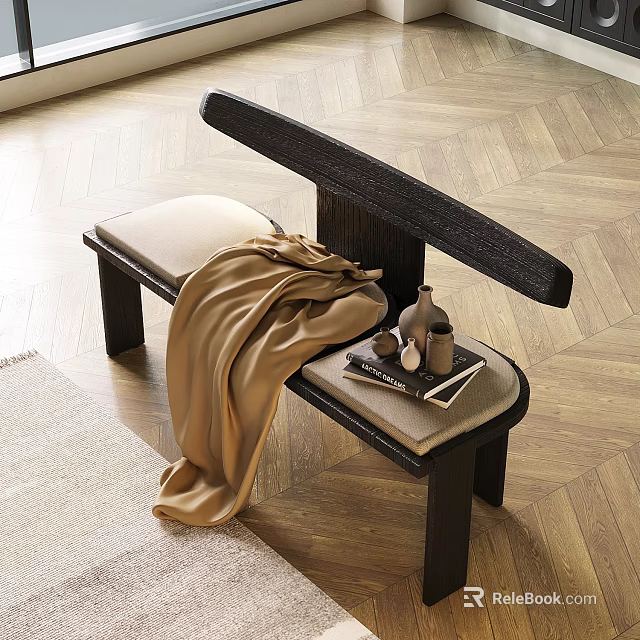 Comfortable Leisure Chair With Wooden Frame Beige Cushion And Brown Blanket On Wooden Floor 3d model 