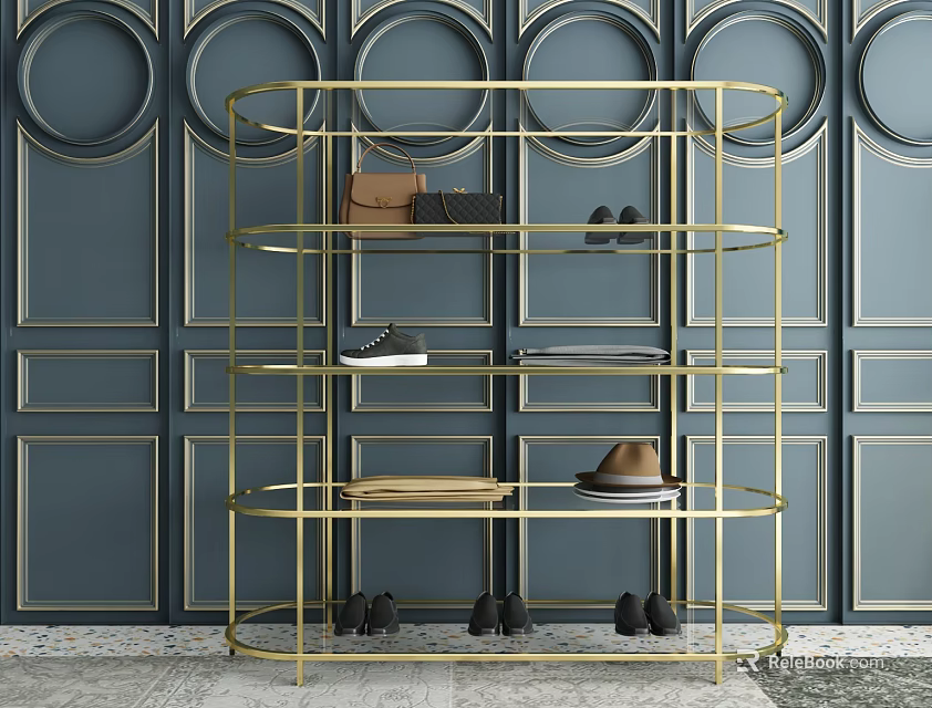 Gold Circular Tiered Shelf With Bags Shoes Hat On Navy Blue Wall With Circular Decor 3d model 
