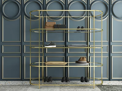 Gold Circular Tiered Shelf With Bags Shoes Hat On Navy Blue Wall With Circular Decor 3d model