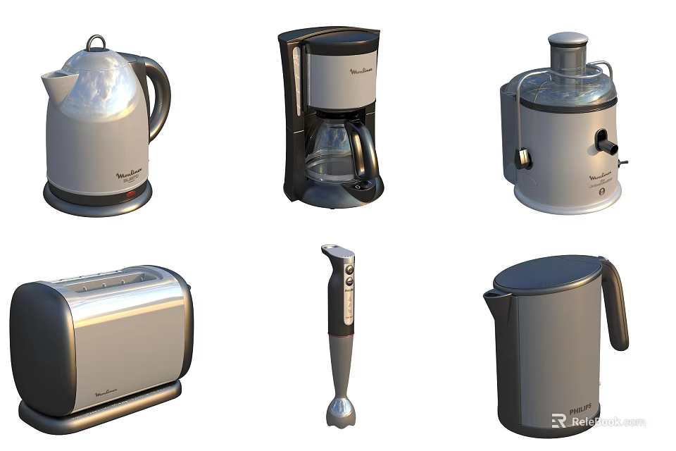 Essential Modern Kitchen Appliances Including Kettle Coffee Maker Juicer Toaster And Hand Blender 3d model 