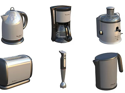 Essential Modern Kitchen Appliances Including Kettle Coffee Maker Juicer Toaster And Hand Blender 3d model