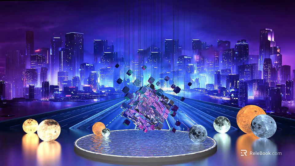 Futuristic Cityscape With Holographic Crystal Structure Surrounded By Glowing Spheres And Dynamic Lighting Effects 3d model 