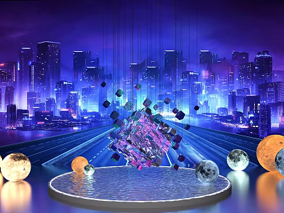 Futuristic Cityscape With Holographic Crystal Structure Surrounded By Glowing Spheres And Dynamic Lighting Effects 3d model