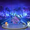 Futuristic Cityscape With Holographic Crystal Structure Surrounded By Glowing Spheres And Dynamic Lighting Effects