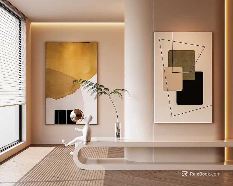 Modern Interior Decor With Abstract Paintings White Sculpture And Potted Plant 3d model 