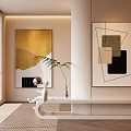 Modern Interior Decor With Abstract Paintings White Sculpture And Potted Plant