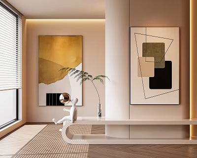 Modern Interior Decor With Abstract Paintings White Sculpture And Potted Plant 3d model