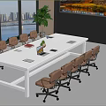 Wooden Conference Table with Office Chairs Large Windows City View Potted Plant Digital Screen