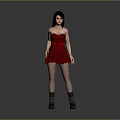 Woman in red strapless belted dress wearing gray boots against gray background