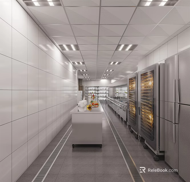 Modern Commercial Kitchen Interior With Stainless Steel Equipment Tile Walls Workstations And Storage Cabinets 3d model 