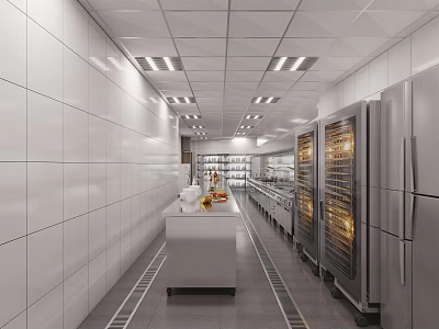 Modern Commercial Kitchen Interior With Stainless Steel Equipment Tile Walls Workstations And Storage Cabinets 3d model