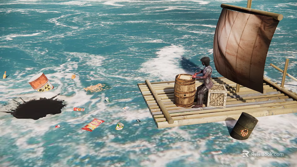 Wooden Boat With Sail Barrel And Crate On Ocean Collecting Floating Trash 3d model 