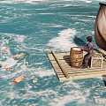 Wooden Boat With Sail Barrel And Crate On Ocean Collecting Floating Trash