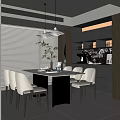 Modern Restaurant Interior With White Dining Table Light Chairs Hanging Lights And Dark Cabinets