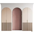 Modern Arched Wardrobe Design With Pink And Beige Panels Golden Handles And Vertical Striped Base