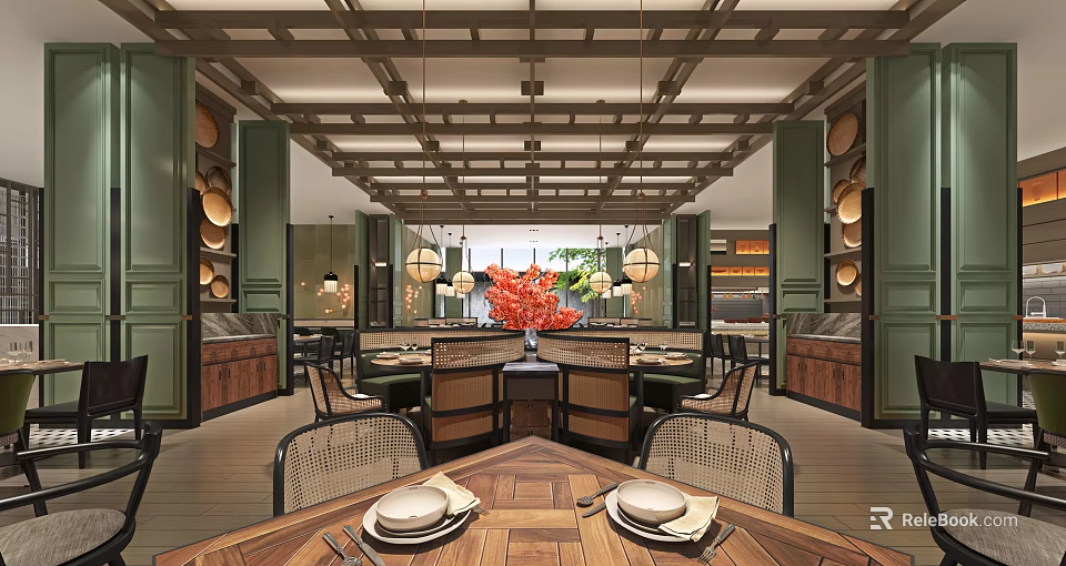 Elegant Restaurant Interior with Wooden Ceiling Chandeliers Red Floral Centerpiece Wooden Tables and Woven Chairs 3d model 
