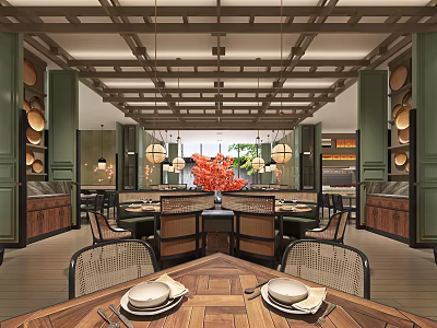 Elegant Restaurant Interior with Wooden Ceiling Chandeliers Red Floral Centerpiece Wooden Tables and Woven Chairs 3d model