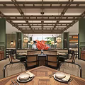 Elegant Restaurant Interior with Wooden Ceiling Chandeliers Red Floral Centerpiece Wooden Tables and Woven Chairs