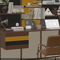 Modern Bookshelf with Books Decorative Items Laptop Clock and Yellow Chair in Cozy Study