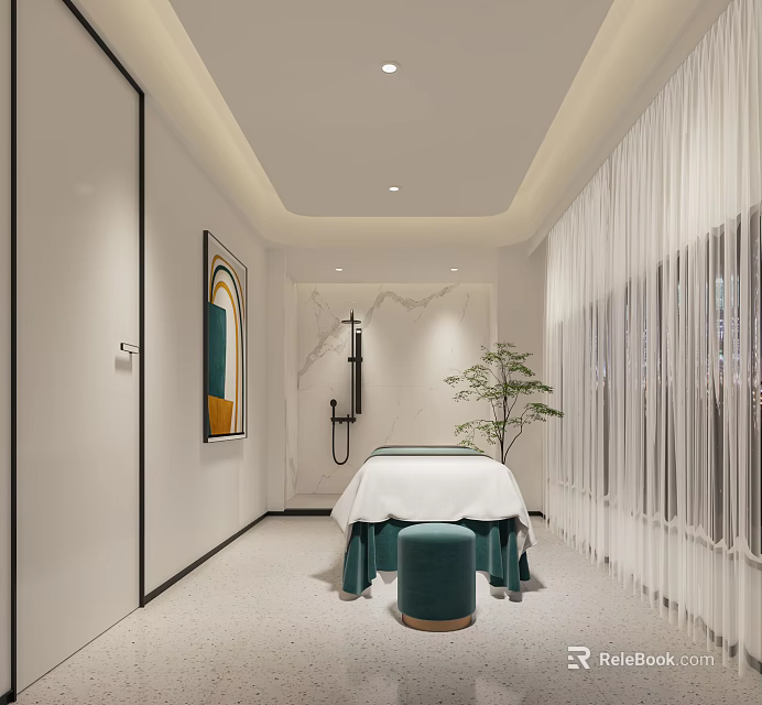 Modern SPA Sauna Room Interior With Massage Bed Green Plant Marble Wall And White Curtains 3d model 