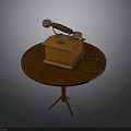 Vintage Wooden Telephone Placed On Round Wooden Table With Rotary Dial