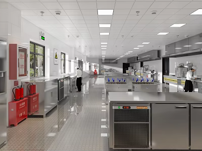 Spacious Commercial Kitchen Interior With Stainless Steel Workstations And Bright Lighting 3d model