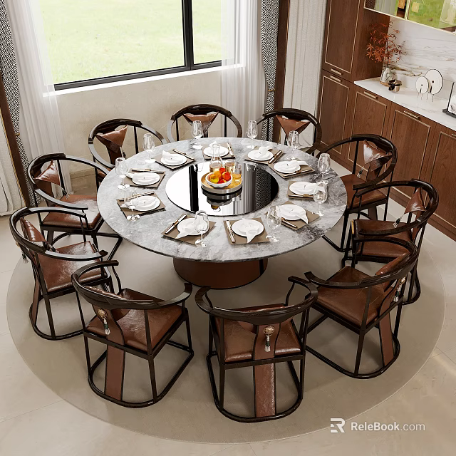 Elegant Round Marble Dining Table Set with Leather Chairs Metal Frames Tableware and Fruit Bowl 3d model