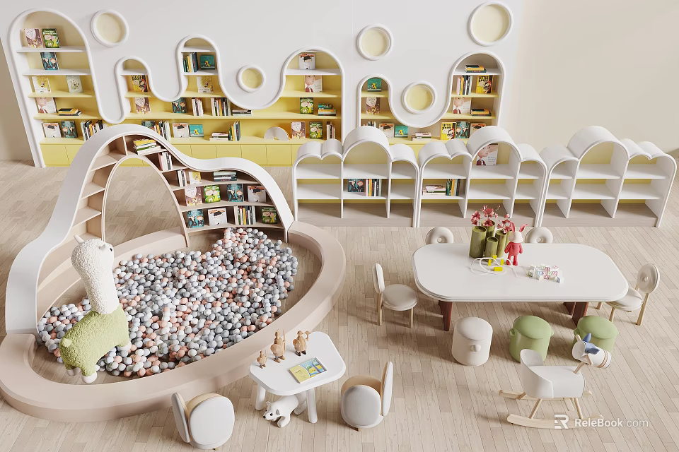 Decorative Cabinet with Round Holes and Books in Warm Kids Activity Play Area 3d model 