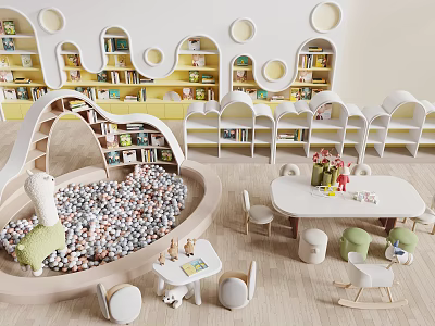 Decorative Cabinet with Round Holes and Books in Warm Kids Activity Play Area 3d model