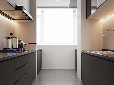 Modern Kitchen Interior With Black Cabinets Stove Range Hood Window And Sink 3d model
