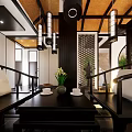 Traditional Tea Room Interior Design With Round Window Guqin And Wooden Decor