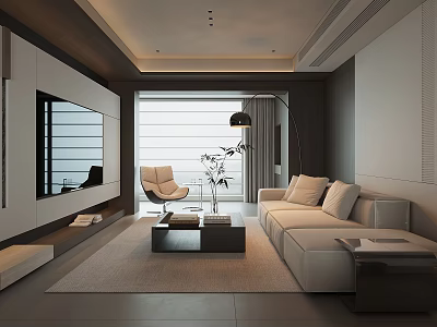 Modern Living Room Interior With Beige Sofa Floor Lamp And Floor to Ceiling Windows 3d model