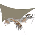 Beige Shade Sail Covering Outdoor Patio With Wooden Tables Chairs And Sofa