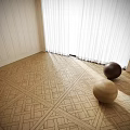 Geometric Patterned Wooden Flooring In Light And Dark Tones With Decorative Balls And Curtains