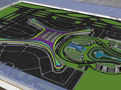 Modern Airport Layout Design With Terminal Runways Green Spaces And Water Features 3d model