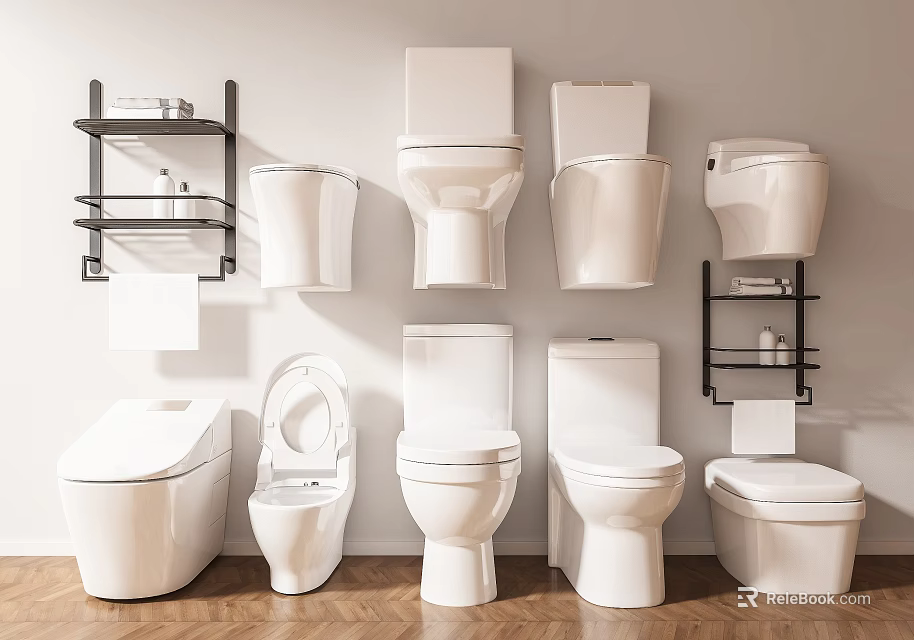 Modern Bathroom Showroom Displaying Multiple Types Of Toilets Including Wall Mounted And Floor Standing 3d model 